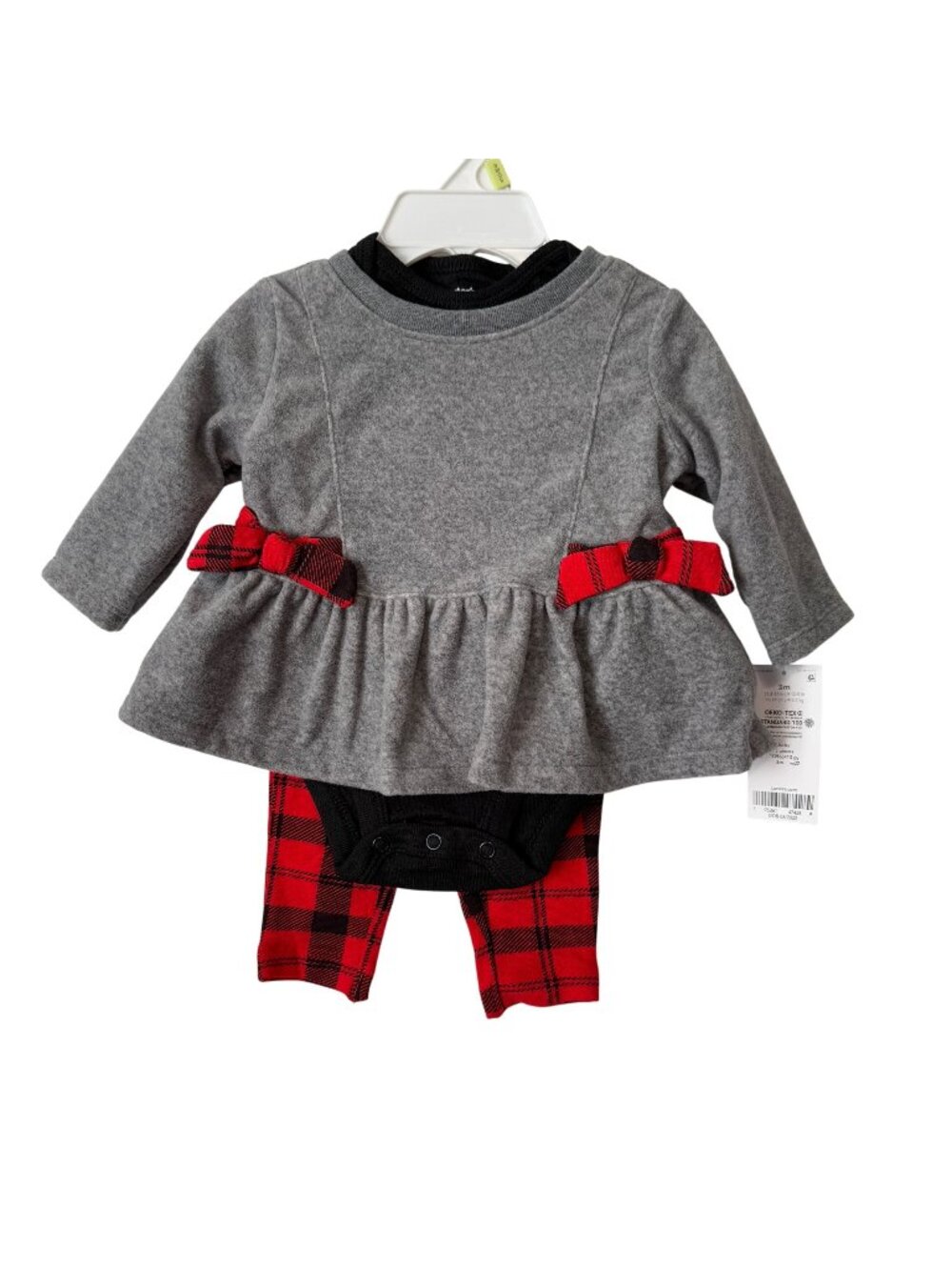 NWT 3-Piece Set Grey Fleece Top Red Plaid Leggings & Black Bodysuit 3M Carters